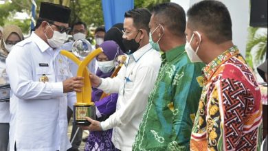 Gubernur Kalimantan Sahbirin Noor menyerahkan langsung penghargaan berupa tropi dan sertifikat