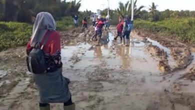 sejumlah guru dan siswa berjalan di kubangan lumpur